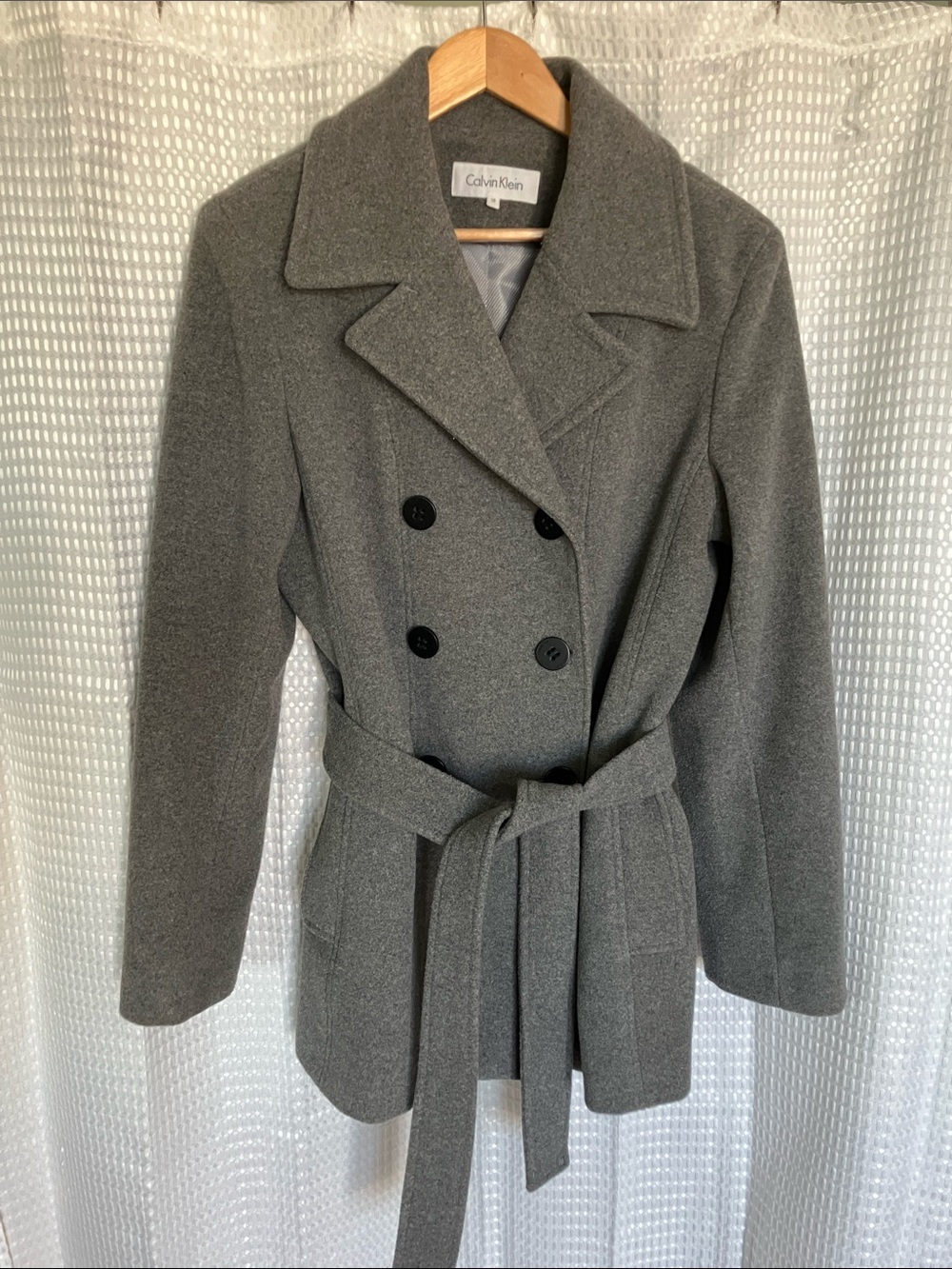 Calvin Klein Gray Wool Blend Belted Double Breasted Tailored Coat Size 12